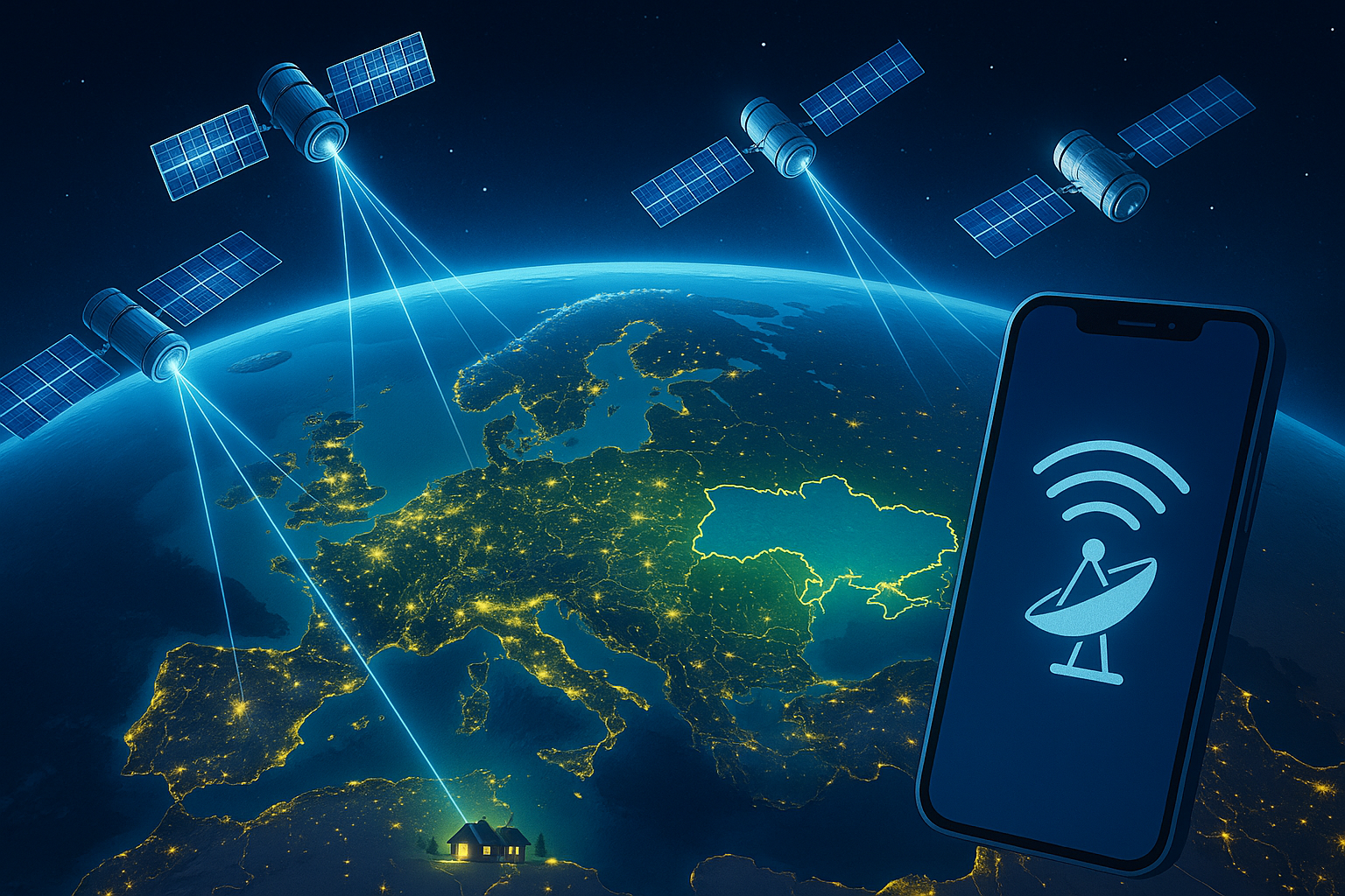 A futuristic satellite map showing Ukraine connected via Starlink satellites for the upcoming Ukraine Starlink launch in 2026.