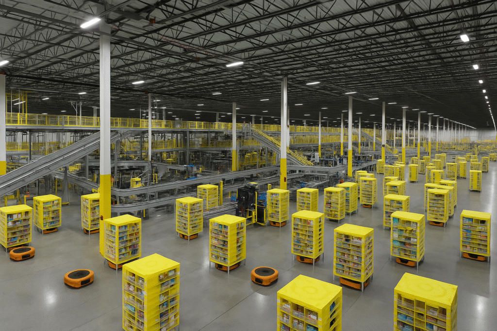 Interior view of Amazon Robotics Fulfillment Center in Johnston showing advanced robots and automated storage pods. Generated By Ai