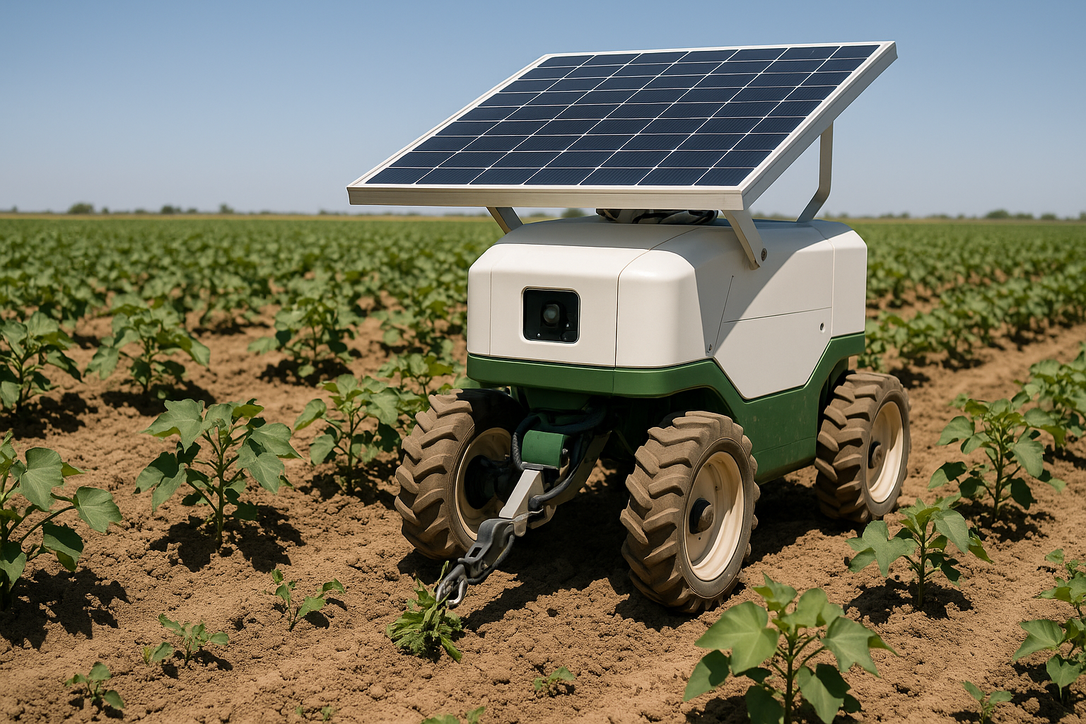 AI robots for weed control working in a cotton field under the sun