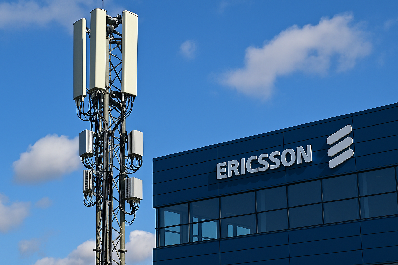 Ericsson telecom tower and headquarters representing expansion in Huawei-free zones.