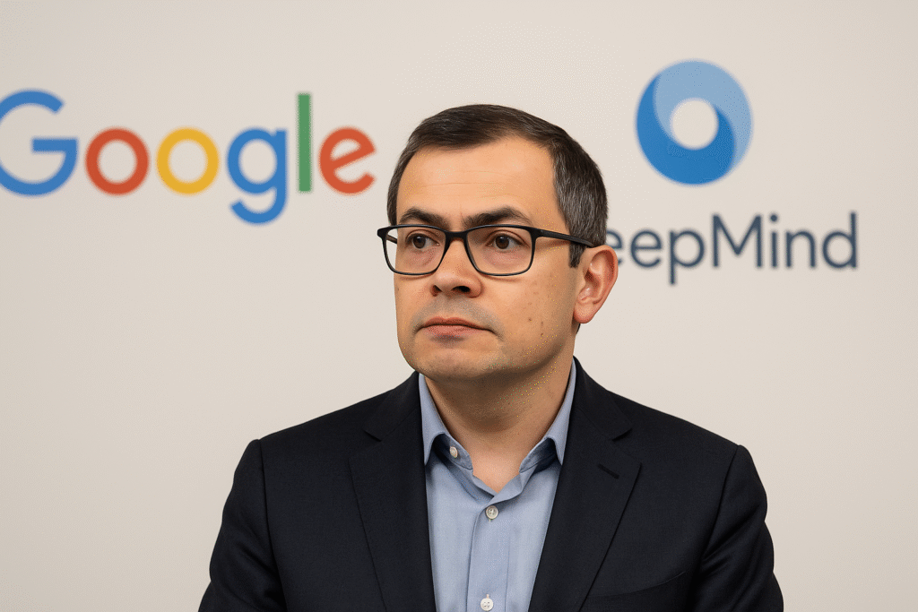 Portrait of Demis Hassabis standing between Google and DeepMind logos, symbolizing the DeepMind CEO's quest for control within Google's AI operations.