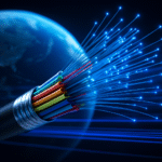 Close-up of futuristic fiber optic cables glowing blue, symbolizing Japan’s new internet speed record with Earth in the background.