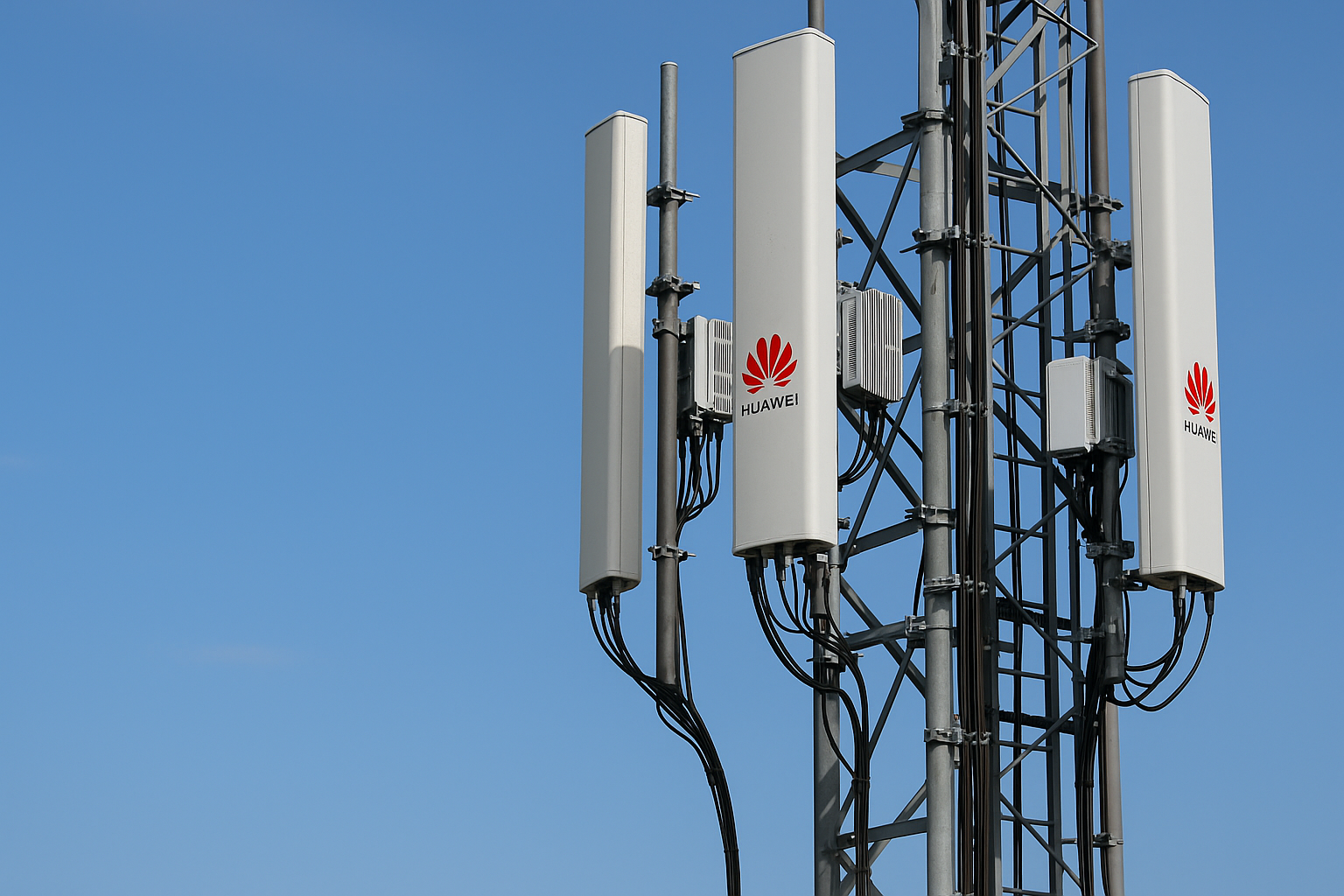 Telecom tower showing Huawei 5G antennas as Telefonica ditches Huawei 5G gear in Spain and Germany due to rising security concerns.