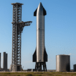 SpaceX's V2 Mars bound Starship standing at Starbase Texas ready for preflight testing under a clear blue sky