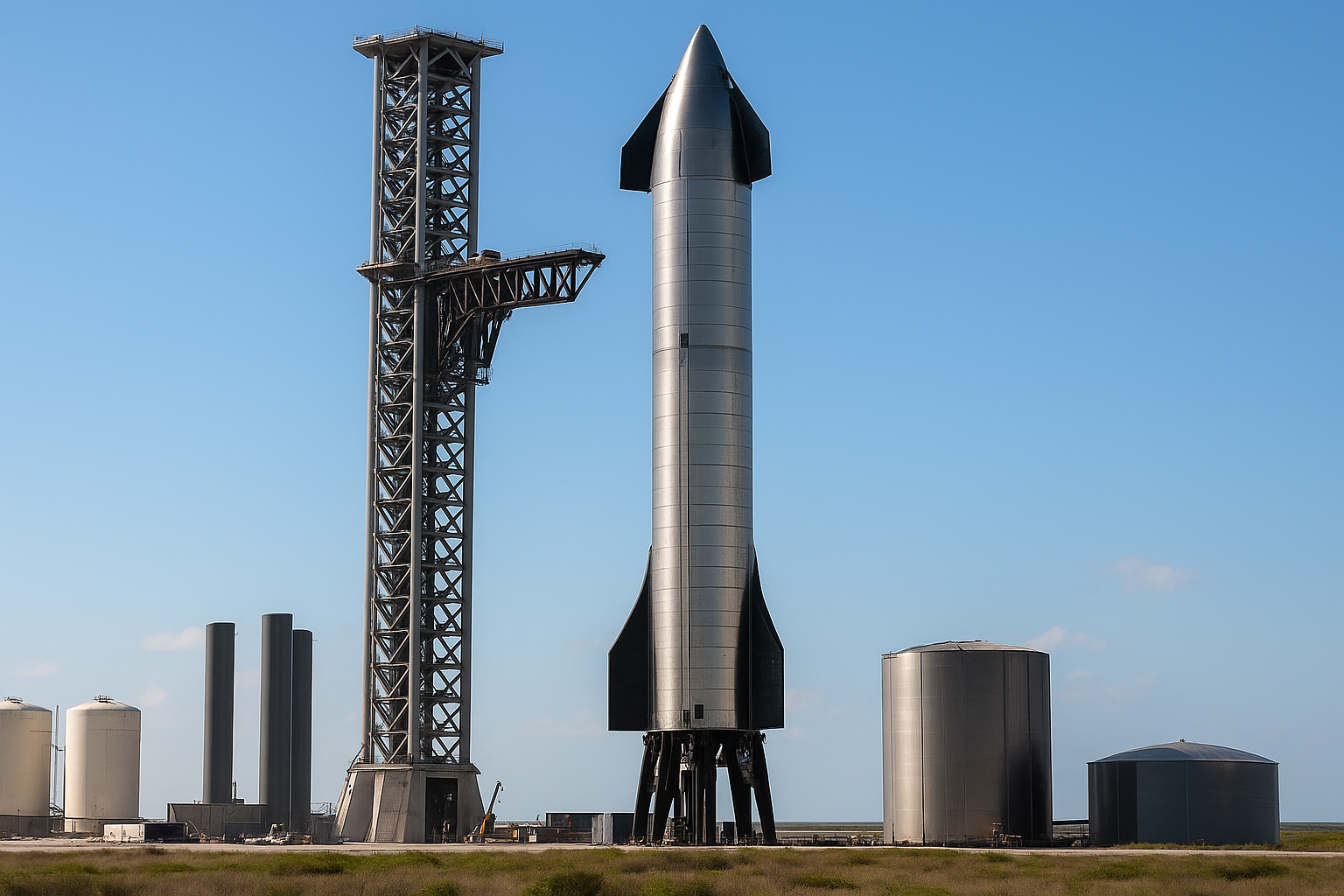 SpaceX's V2 Mars bound Starship standing at Starbase Texas ready for preflight testing under a clear blue sky