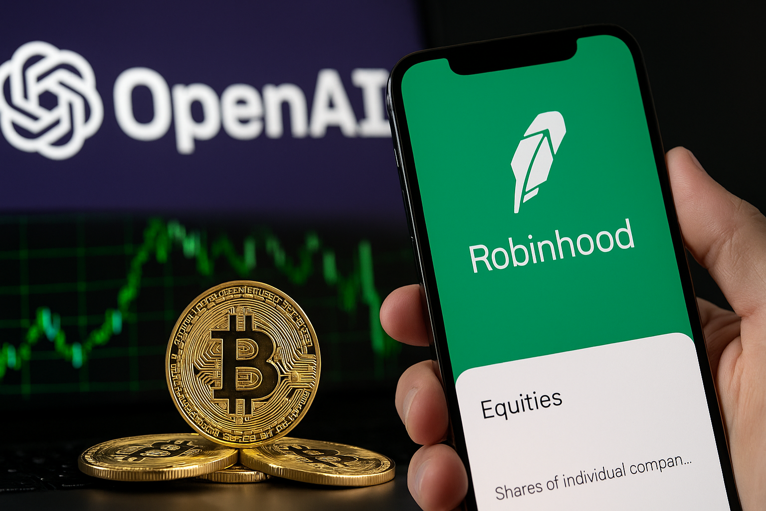 Illustration showing OpenAI logo, Robinhood app, and Bitcoin symbol highlighting the controversy as OpenAI casts doubt on Robinhood’s tokenized equity products.