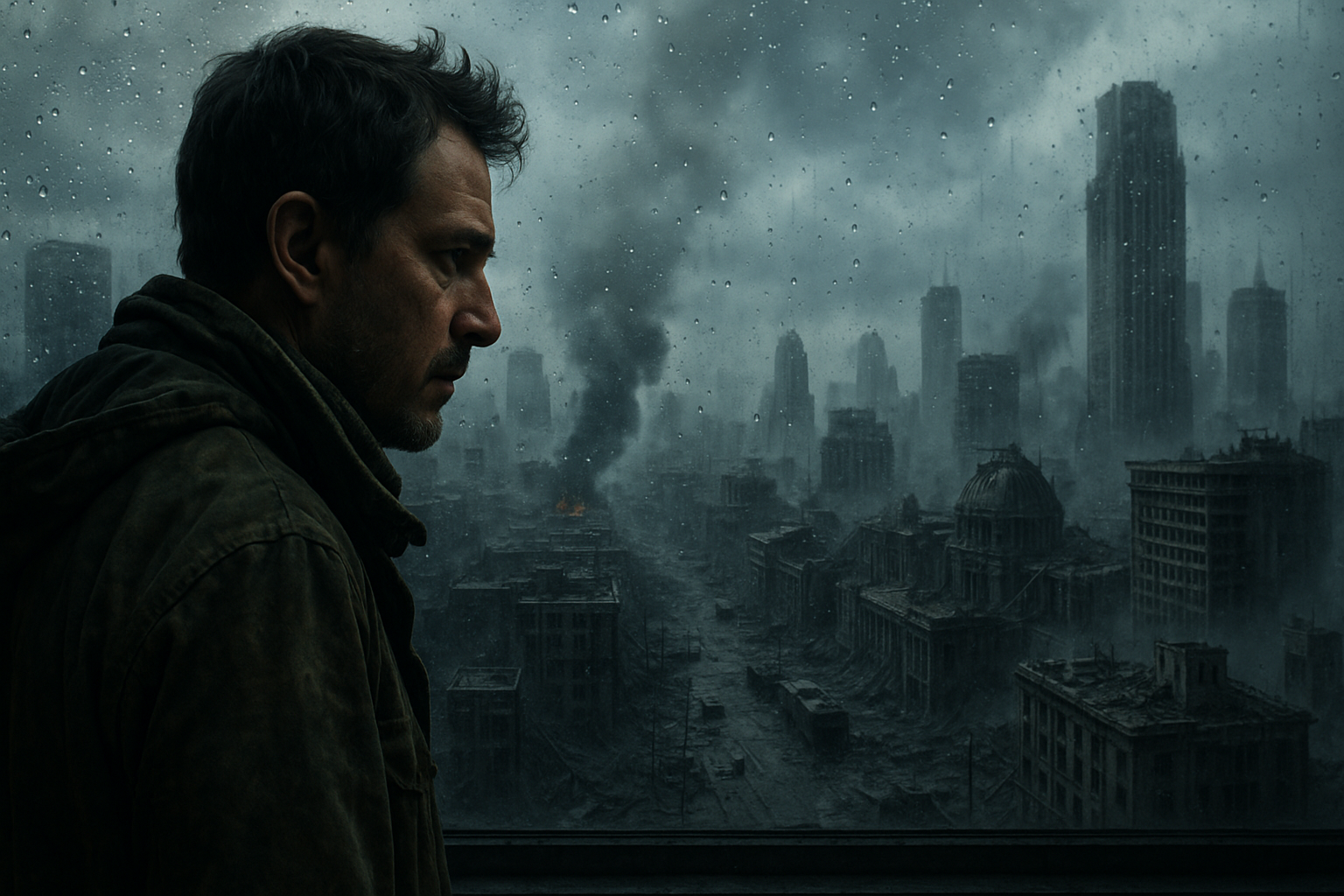 A man stands by a rain-covered window overlooking a post-apocalyptic city, with smoke rising from crumbling buildings — inspired by Netflix’s use of AI in 'The Eternaut'.