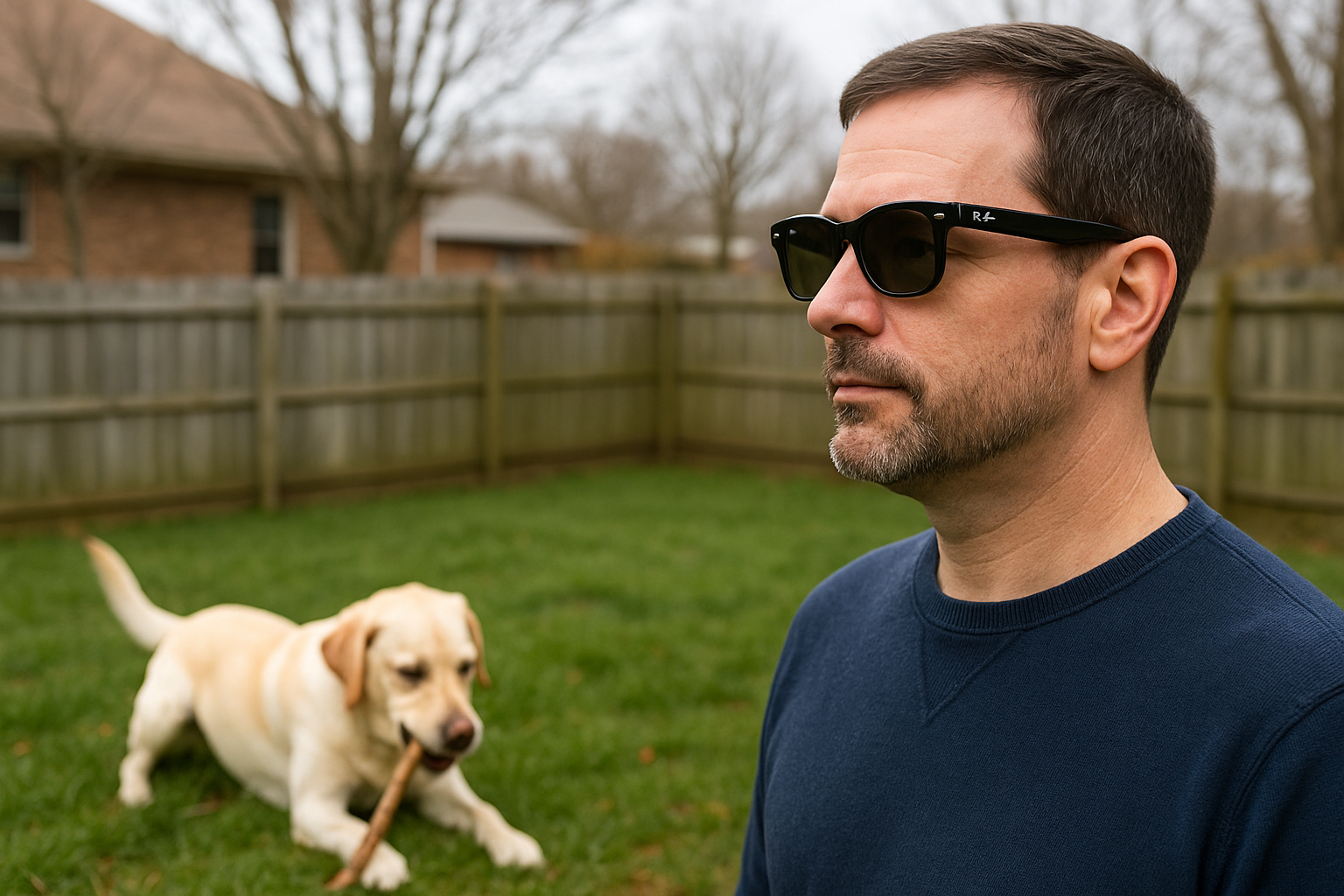 A visually impaired man wearing Ray-Ban AI smart glasses stands in a backyard as his dog chews on a stick, showcasing real-life use of AI for the blind.