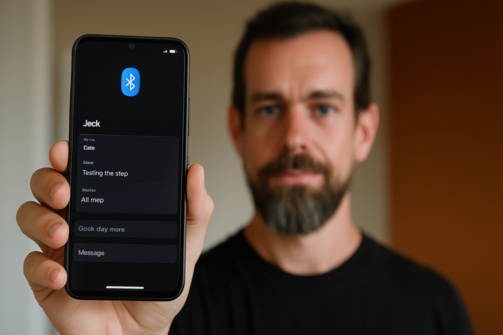 A man holding a smartphone displaying Jack Dorsey’s Bluetooth messaging app Bitchat interface.