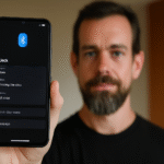 A man holding a smartphone displaying Jack Dorsey’s Bluetooth messaging app Bitchat interface.