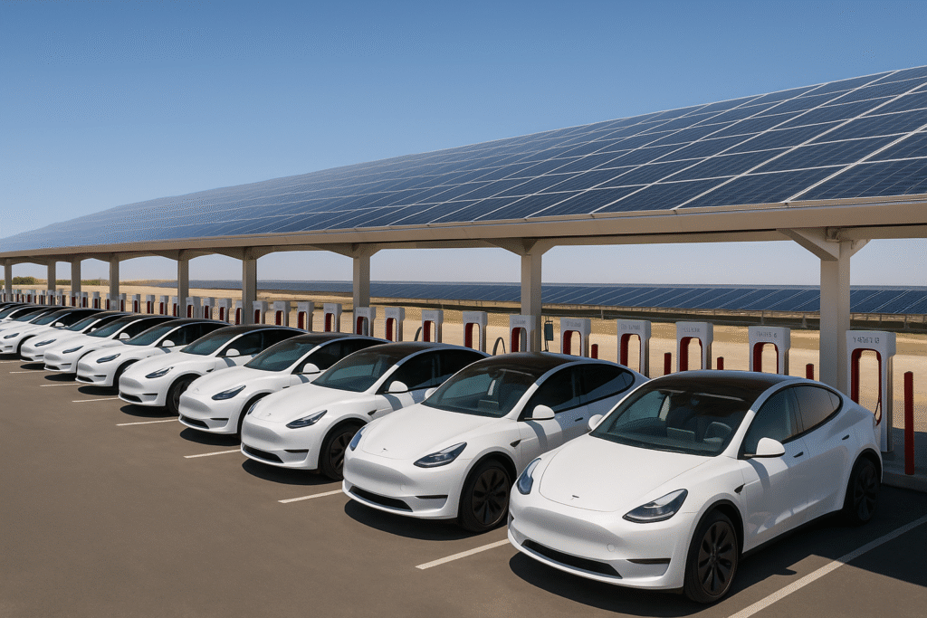 Tesla's Biggest Supercharger Station in California showing rows of Tesla cars charging under large solar panel canopies.