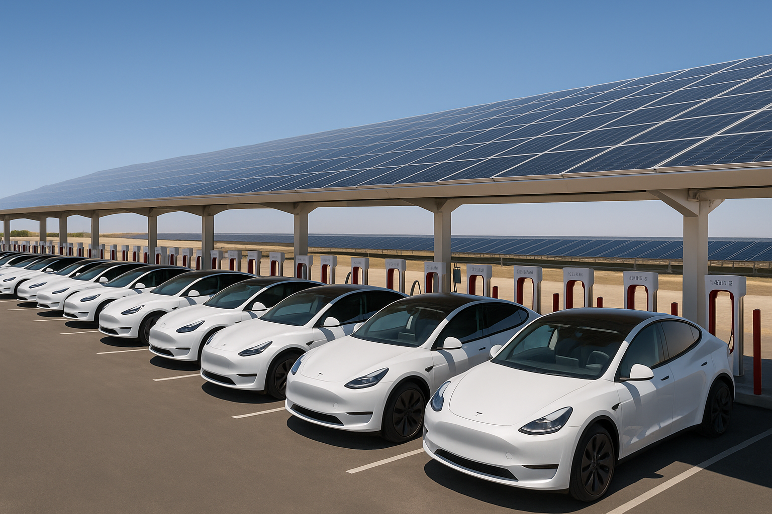 Tesla's Biggest Supercharger Station in California showing rows of Tesla cars charging under large solar panel canopies.