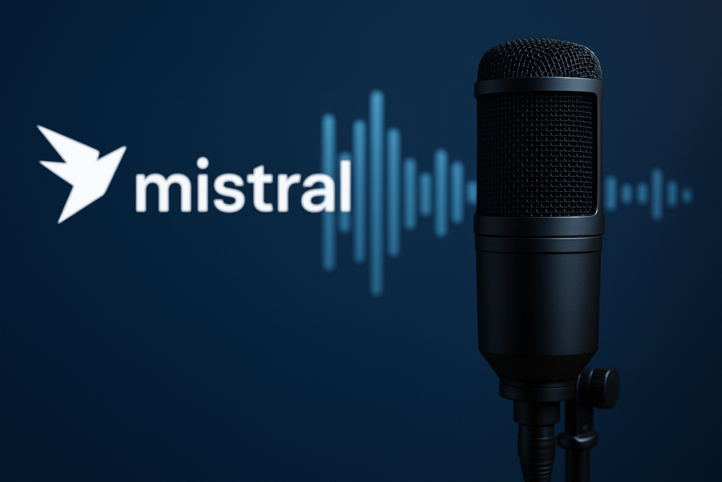 A high-quality black studio microphone with audio waveforms and the Mistral logo in the background, representing the Voxtral AI audio model.