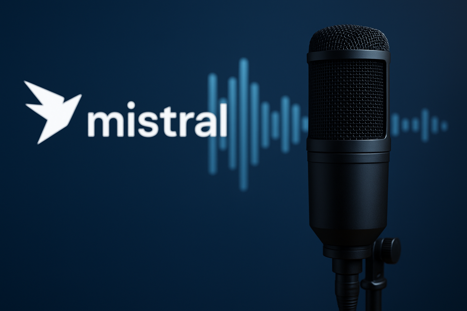 A high-quality black studio microphone with audio waveforms and the Mistral logo in the background, representing the Voxtral AI audio model.