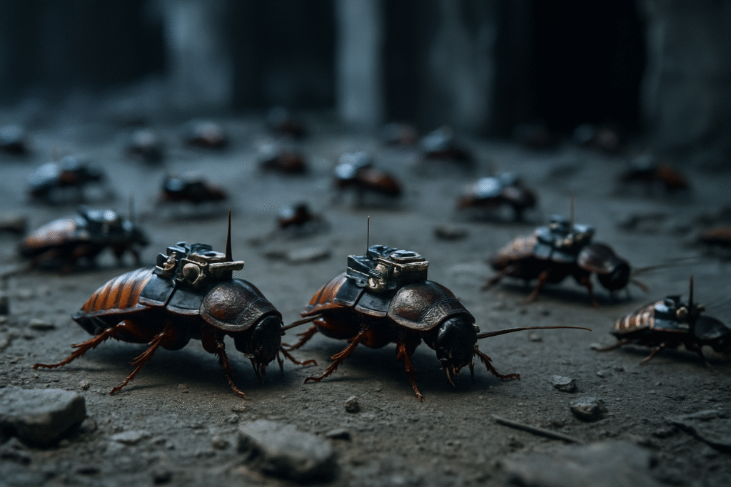 A swarm of remote-controlled cyborg cockroaches with microelectronic backpacks crawling across a dusty floor in an abandoned building — symbolizing a terrifying tech leap in military surveillance.