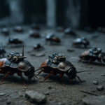 A swarm of remote-controlled cyborg cockroaches with microelectronic backpacks crawling across a dusty floor in an abandoned building — symbolizing a terrifying tech leap in military surveillance.