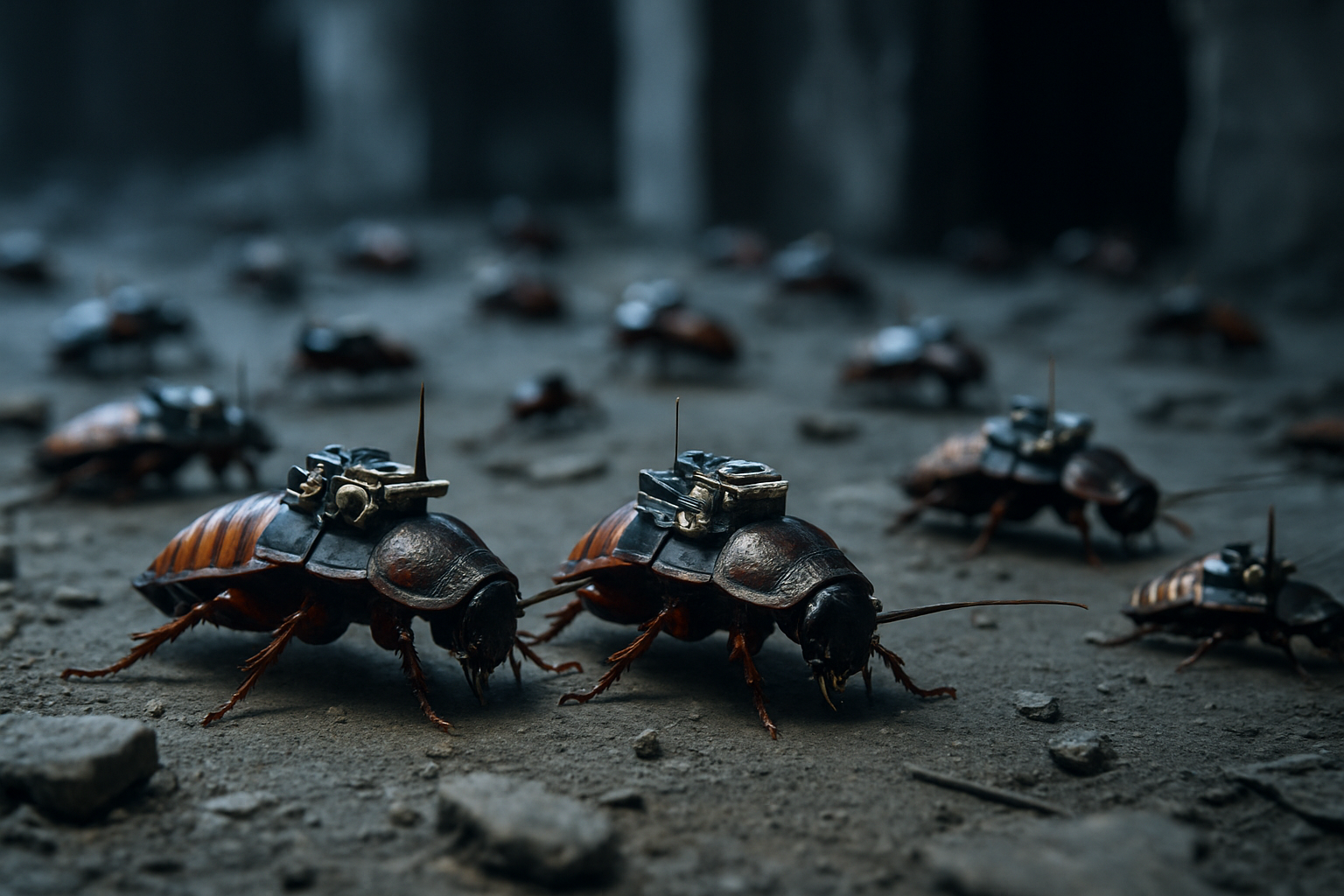 A swarm of remote-controlled cyborg cockroaches with microelectronic backpacks crawling across a dusty floor in an abandoned building — symbolizing a terrifying tech leap in military surveillance.