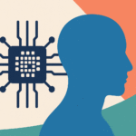 A stylized digital illustration showing a human head silhouette next to a microchip, symbolizing artificial intelligence and cost-efficiency.