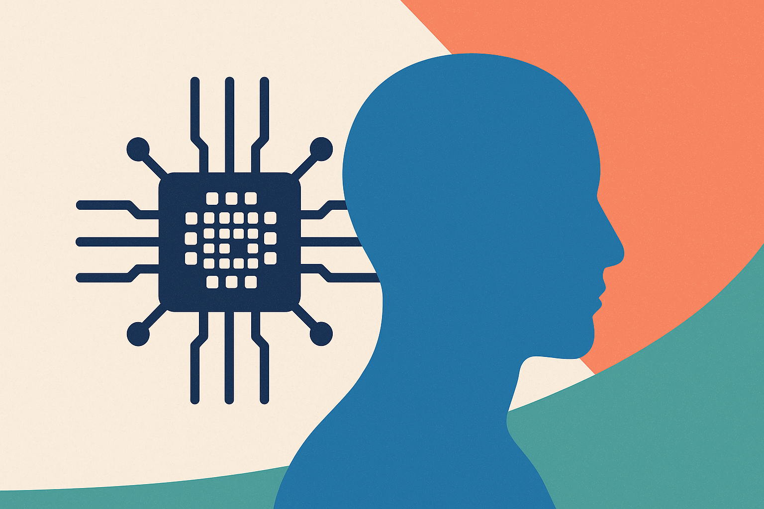 A stylized digital illustration showing a human head silhouette next to a microchip, symbolizing artificial intelligence and cost-efficiency.