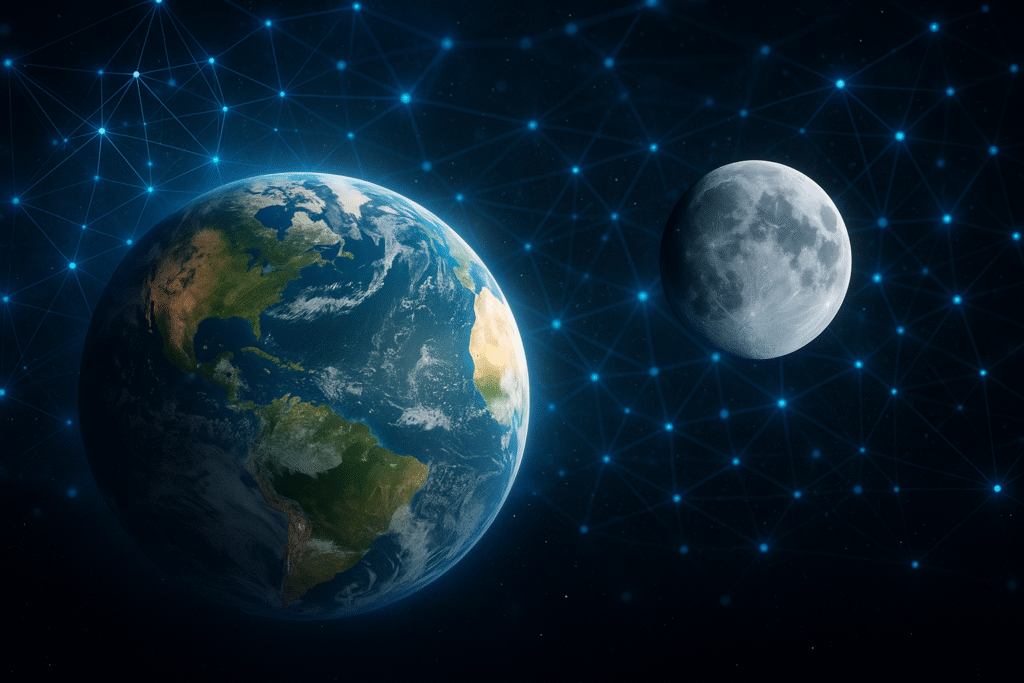A high-resolution image showing Earth and the Moon connected by a digital neural network, symbolizing the scale and complexity of Moonshot AI Kimi K2.