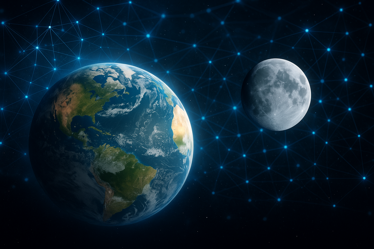A high-resolution image showing Earth and the Moon connected by a digital neural network, symbolizing the scale and complexity of Moonshot AI Kimi K2.
