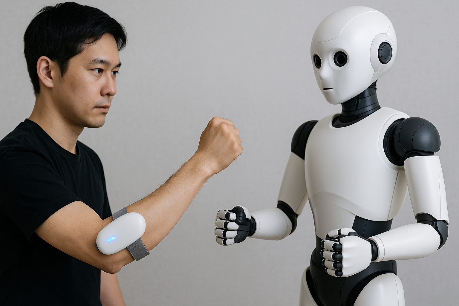 Man using a body control interface device on his arm to control a humanoid robot in real-time.