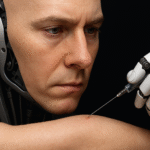 A close-up view of a humanoid robot testing its synthetic arm with a needle, showing how robotic skin feels like human skin through realistic texture and pain response.