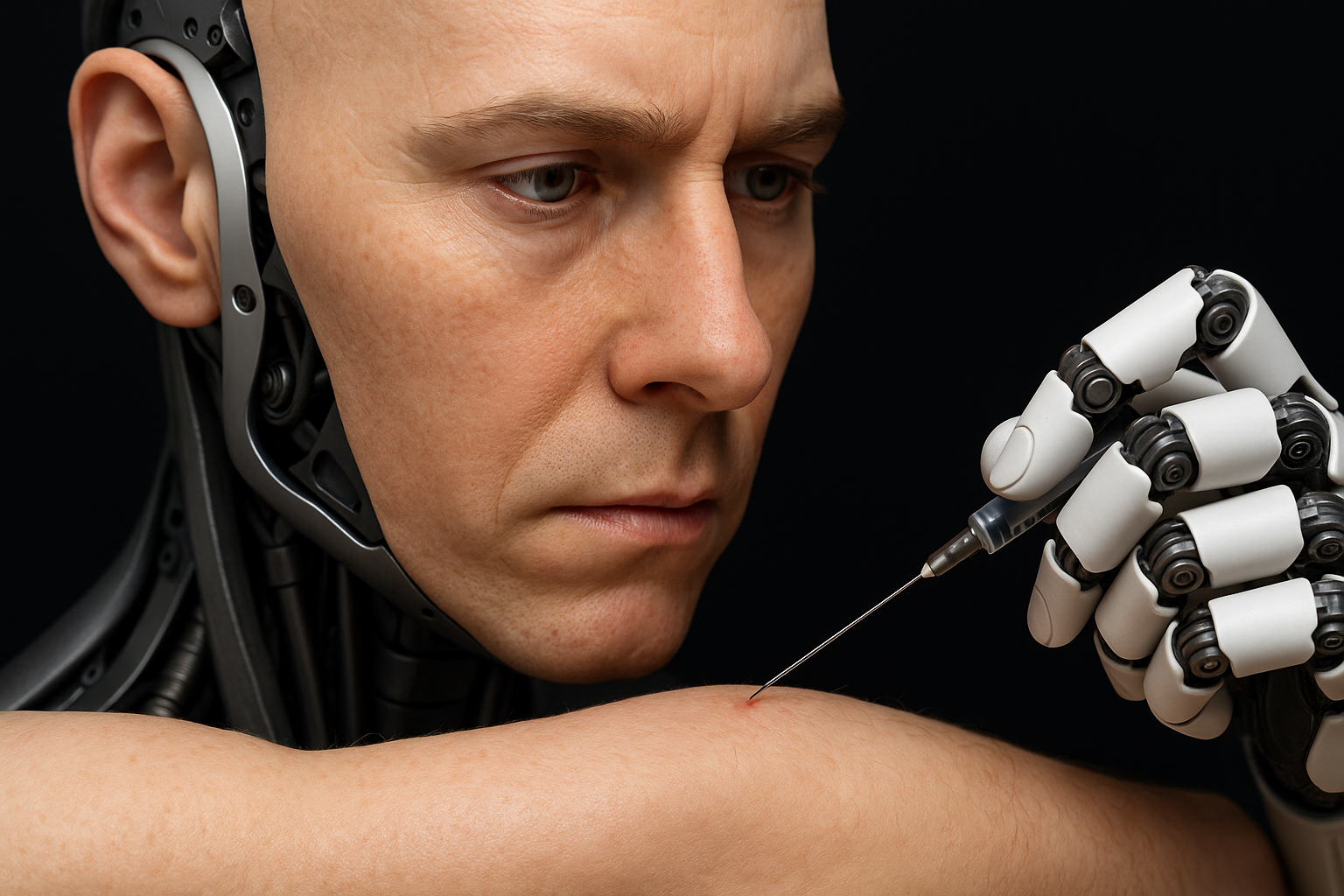 A close-up view of a humanoid robot testing its synthetic arm with a needle, showing how robotic skin feels like human skin through realistic texture and pain response.
