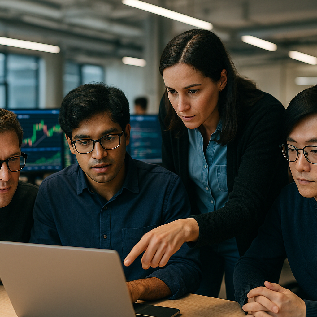 AI researchers and quant analysts collaborate on algorithmic trading models in a tech lab.