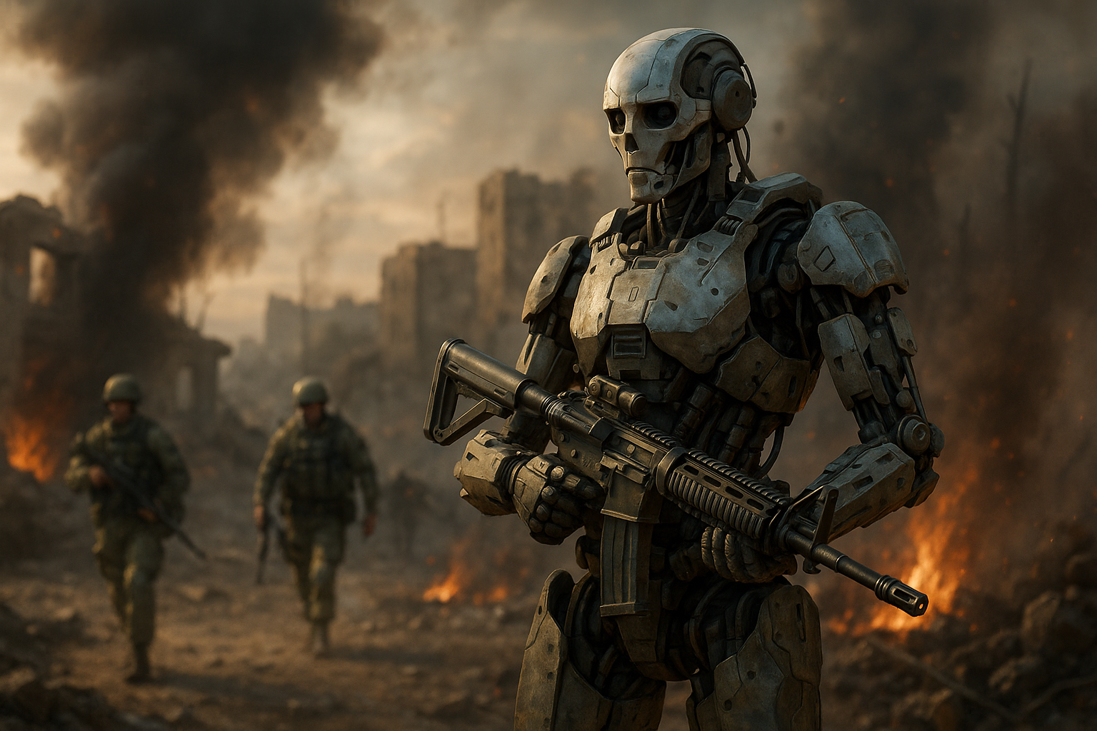 Humanoid military robot with weapon standing amid warzone flames and soldiers — symbolizing the ethical concerns in military robot ethics.