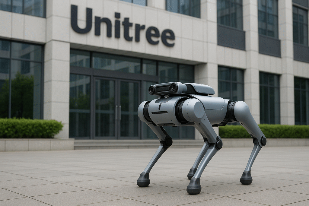 A Unitree Robotics quadruped robot stands confidently in front of the company’s headquarters, symbolizing its IPO journey.