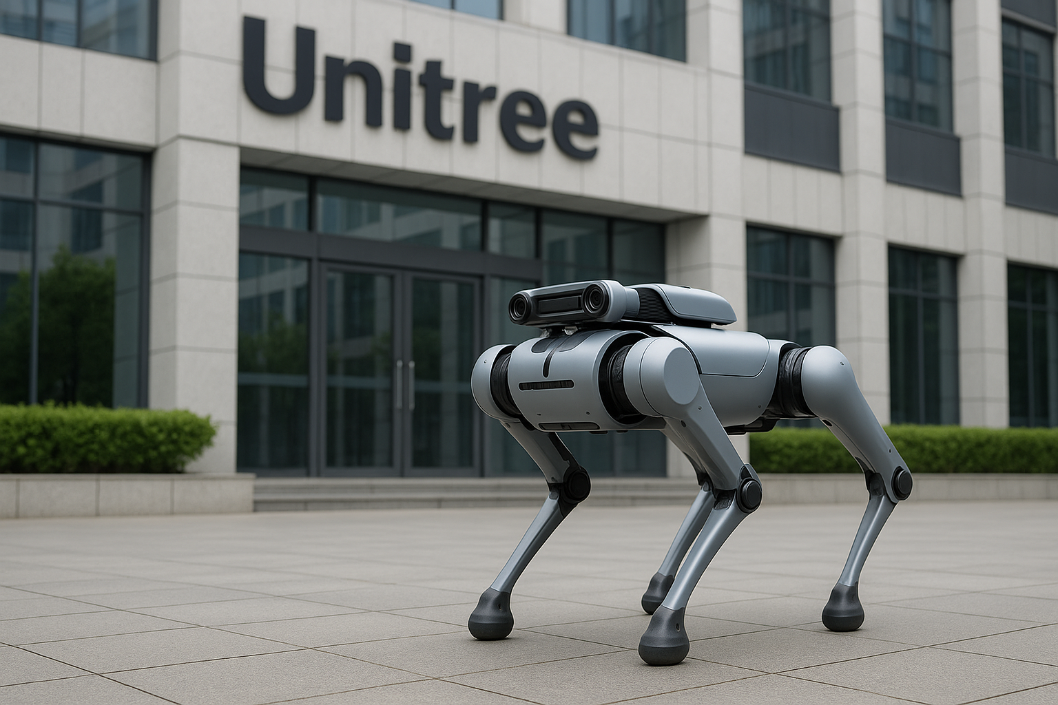 A Unitree Robotics quadruped robot stands confidently in front of the company’s headquarters, symbolizing its IPO journey.