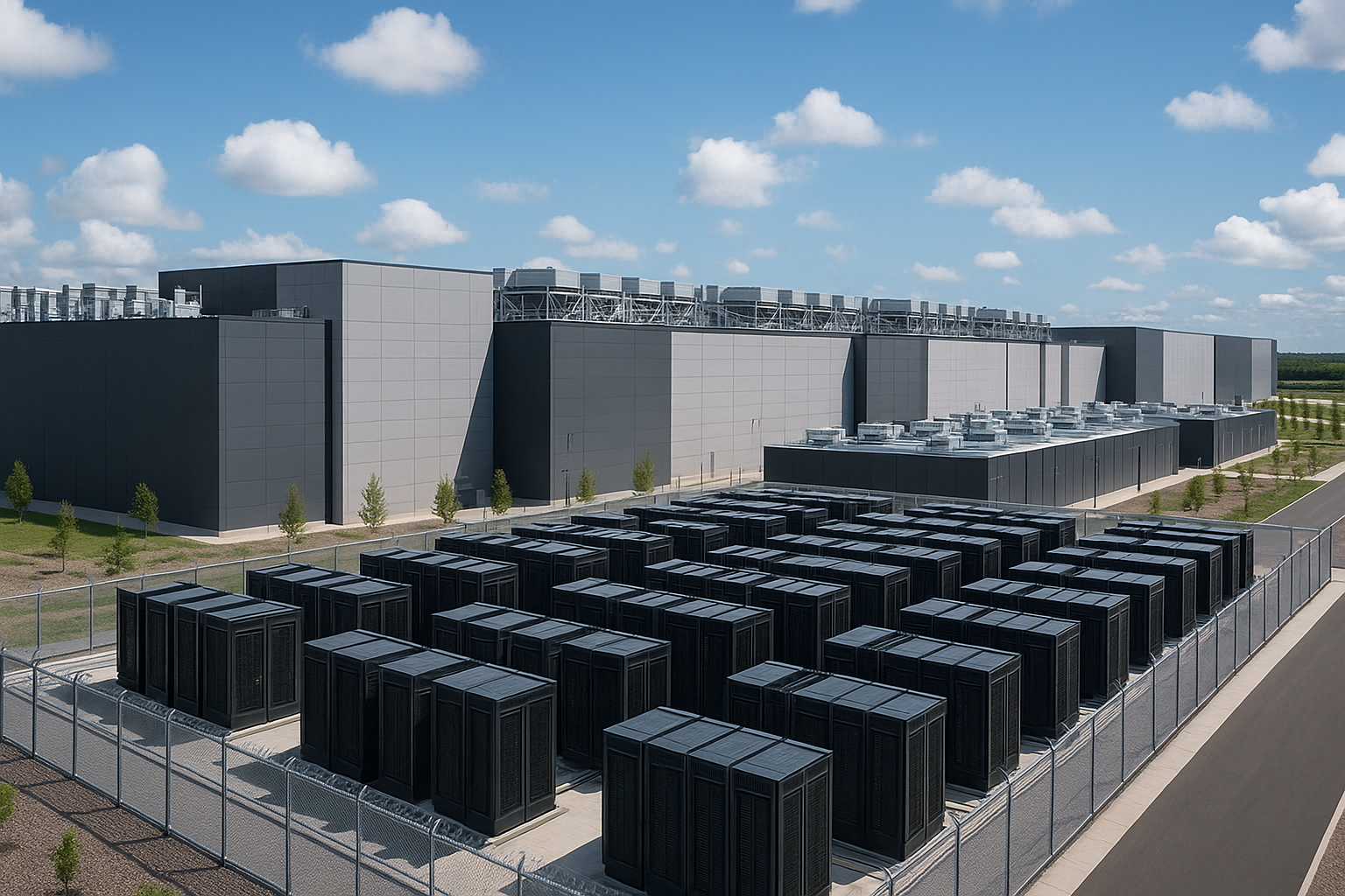 A high-resolution digital photograph of Meta’s Hyperion facility showcasing rows of secure black server racks outside a modern gray AI data center building, symbolizing secure cloud storage infrastructure.