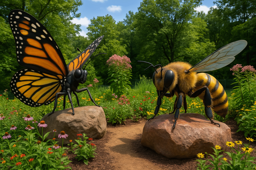 Giant butterfly and bee robots displayed in a colorful garden exhibit at John Ball Zoo.