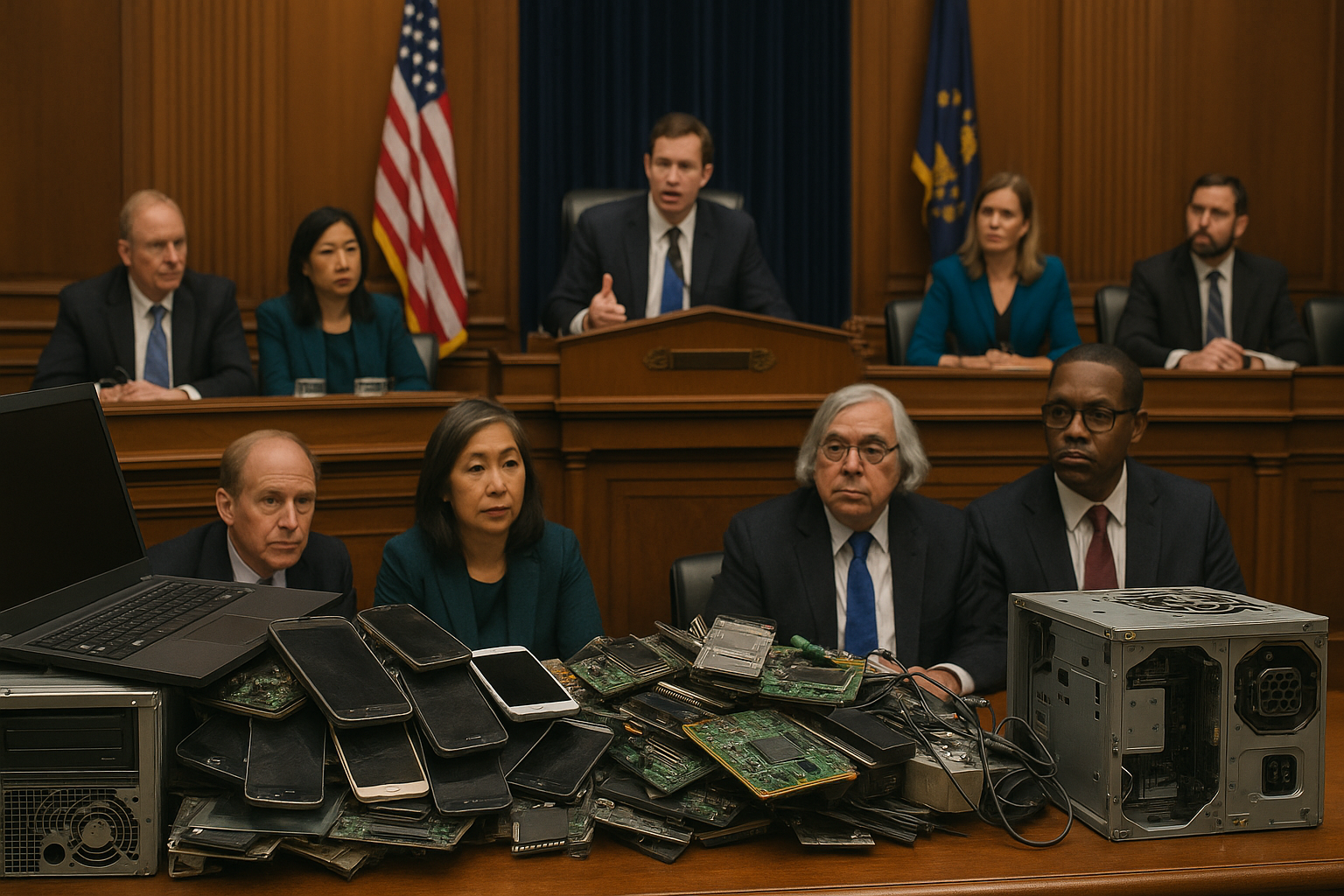 Congressional hearing on technology recycling with lawmakers and experts seated in front of a pile of discarded electronics.