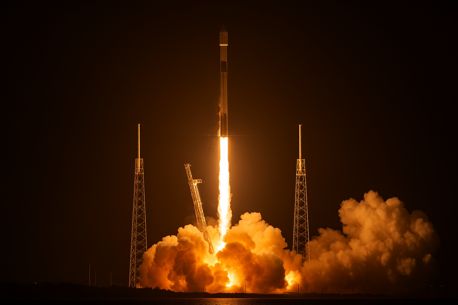 A Falcon 9 rocket launching 28 Starlink satellites into orbit from Cape Canaveral at night, with fiery exhaust and smoke clouds visible.