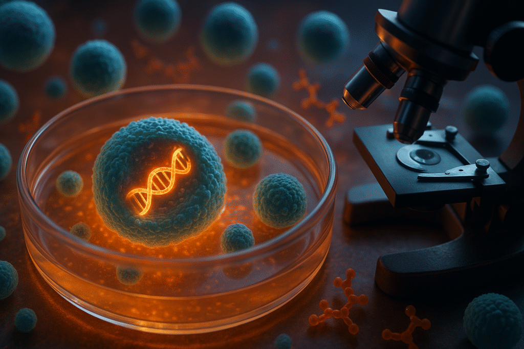 Microscopic view of a mammalian cell with DNA helix inside a Petri dish, representing a biological AI system evolving molecules.