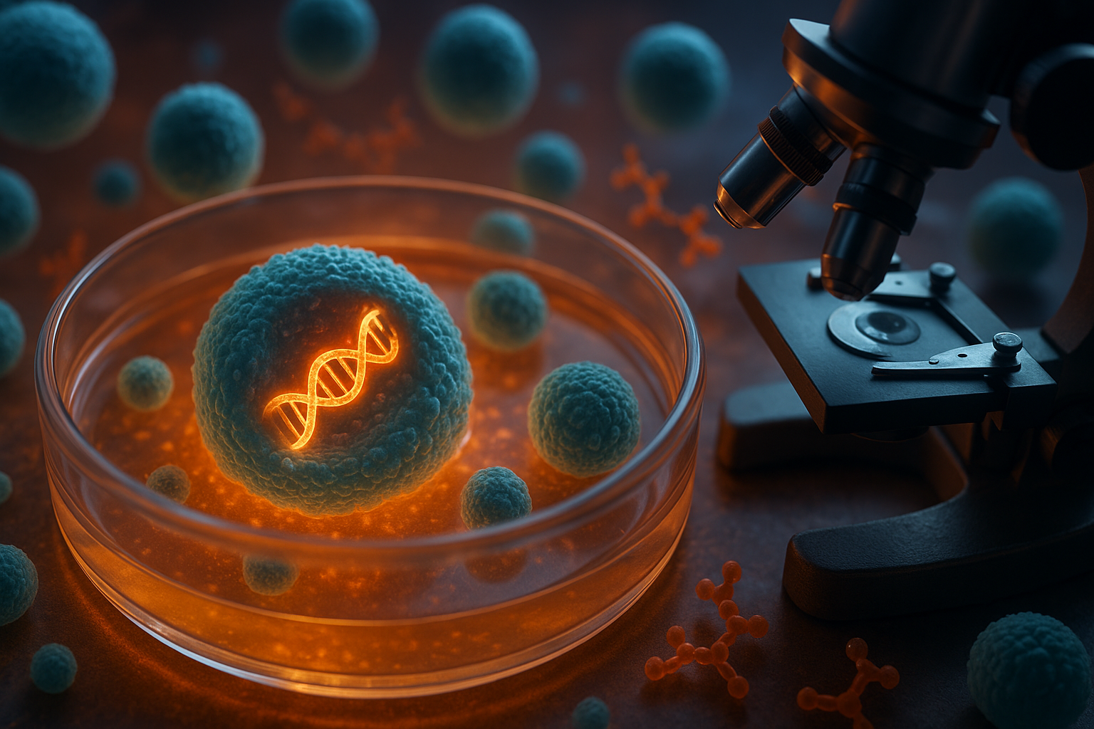 Microscopic view of a mammalian cell with DNA helix inside a Petri dish, representing a biological AI system evolving molecules.