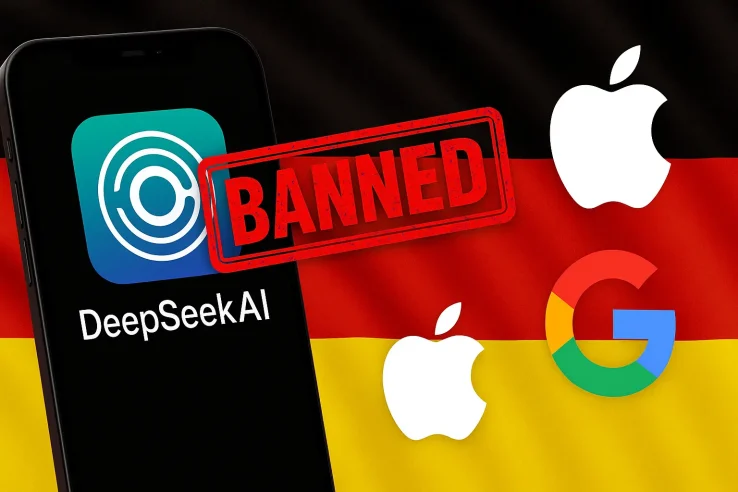 A mobile phone showing the DeepSeek AI app with a bold banned stamp on it, highlighting the situation where Germany asks Google, Apple to remove DeepSeek AI.
