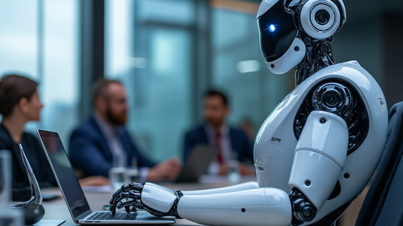 A futuristic humanoid robot pointing towards a rising arrow with a digital brain and robotic arm in the background, symbolizing the success of the 5 hottest startups from robotics to AI.