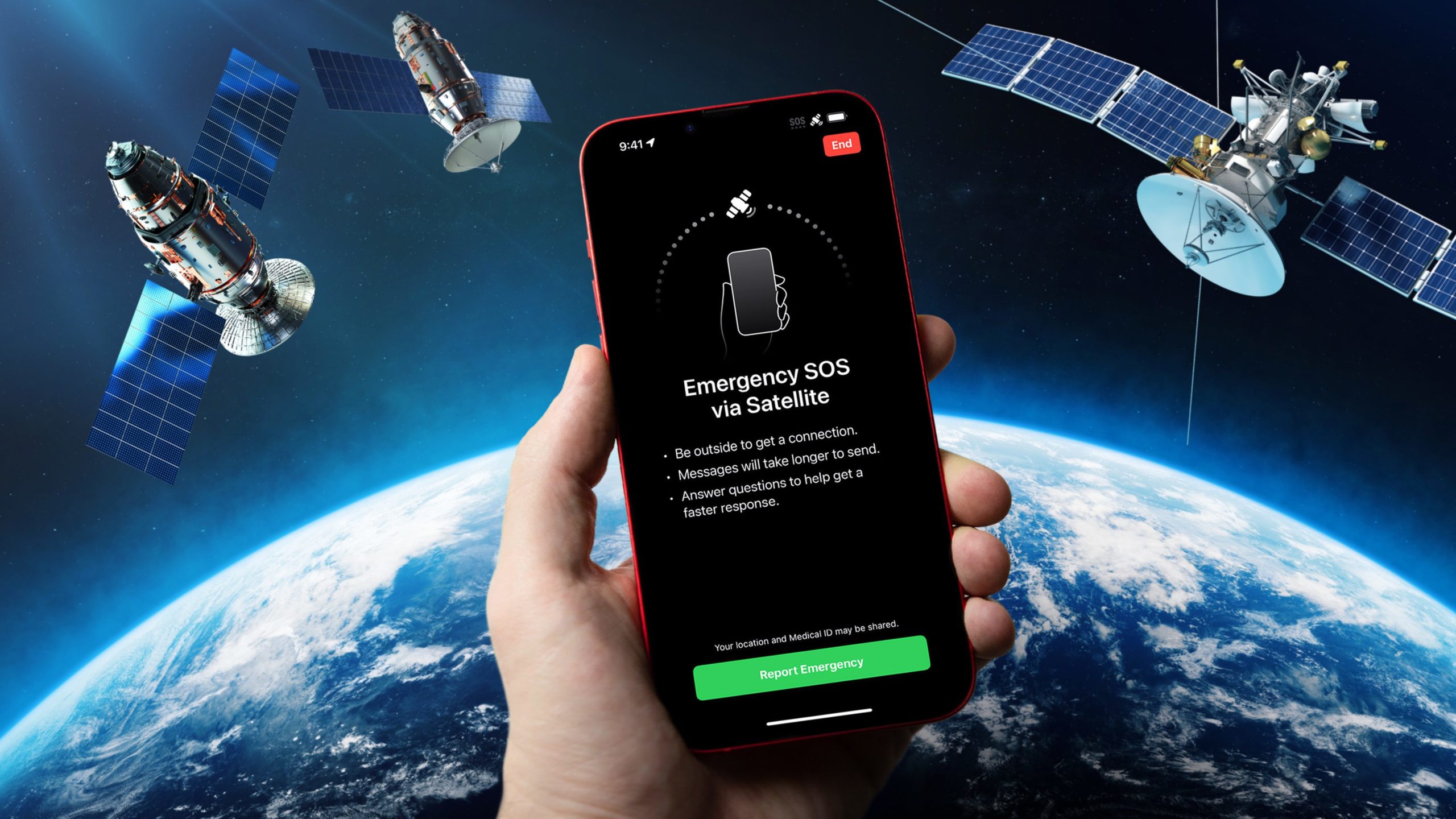 Illustration showing a person using T-Mobile satellite texting on a smartphone in a remote mountain area with Starlink satellites in the sky.