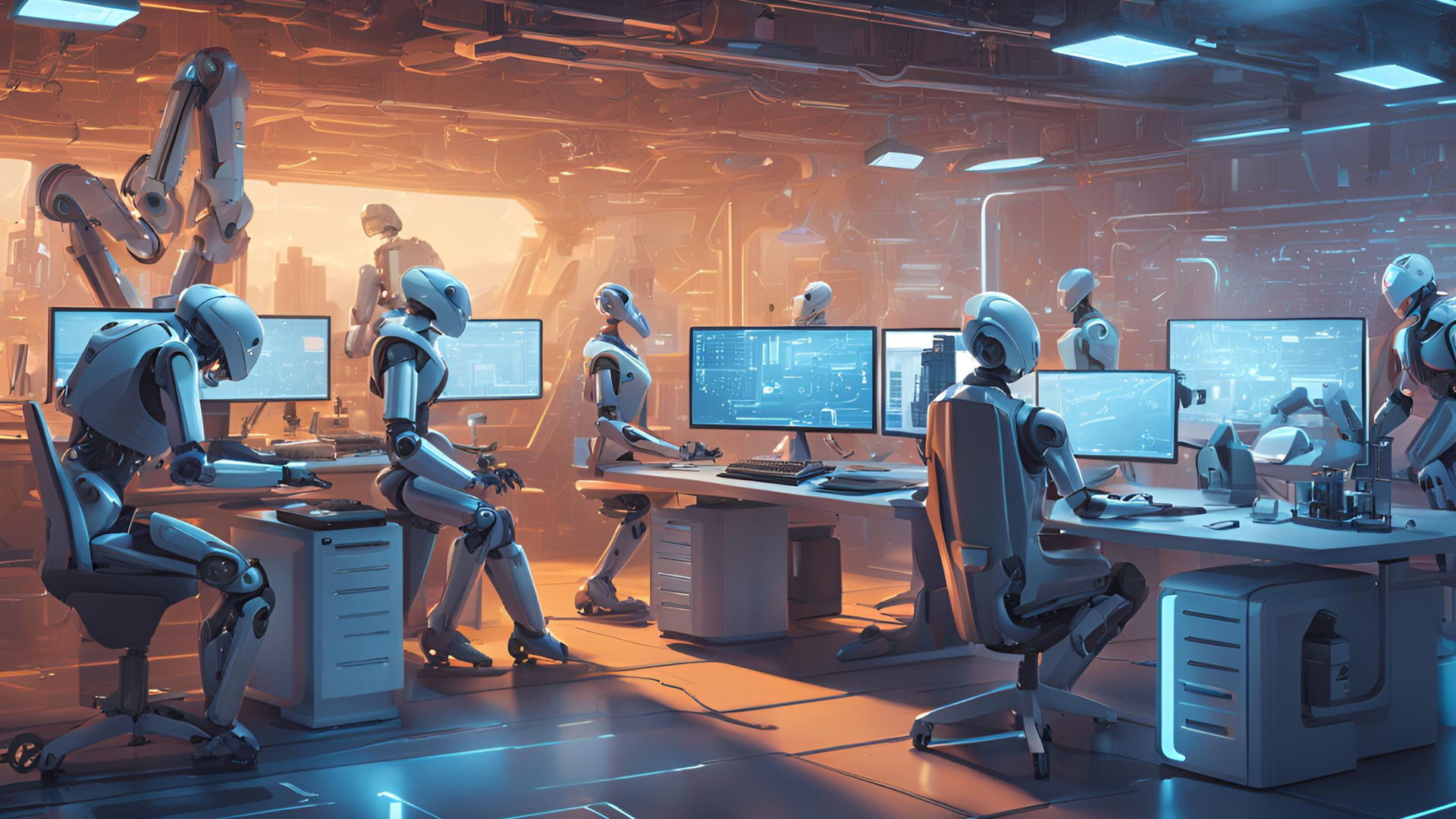 AI robots sitting together representing Sakana AI TreeQuest multi-model collaboration.