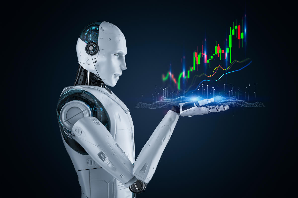 Futuristic concept showing artificial intelligence (AI) stocks growth with glowing graphs, AI chipsets, and logos of companies expected to be worth more than Nvidia in 3 years.