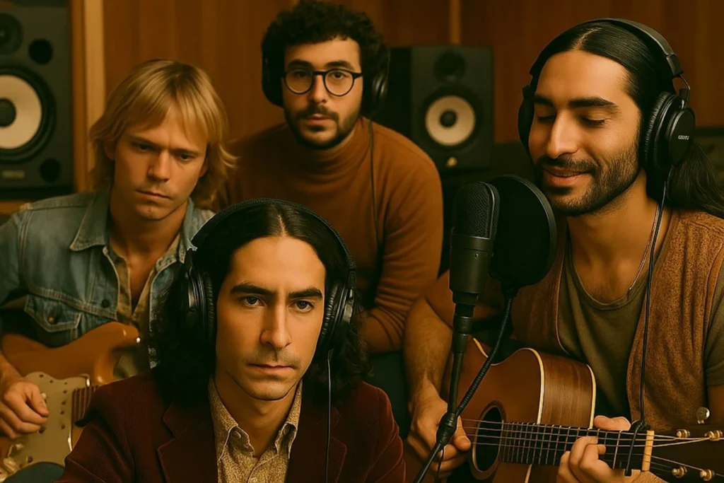Group of people sitting together performing music, representing AI-generated music project.