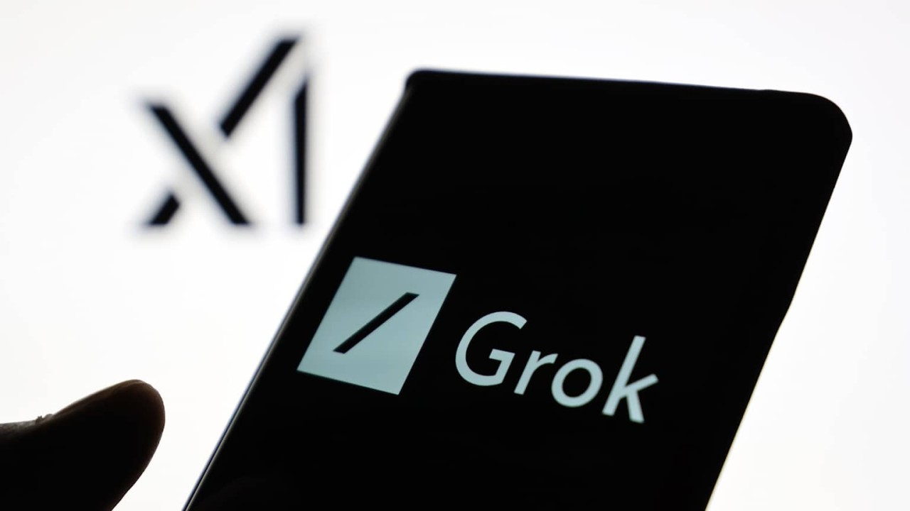 A user interacting with Grok AI on a smartphone in a futuristic digital environment, representing how to use Grok AI in real-time.