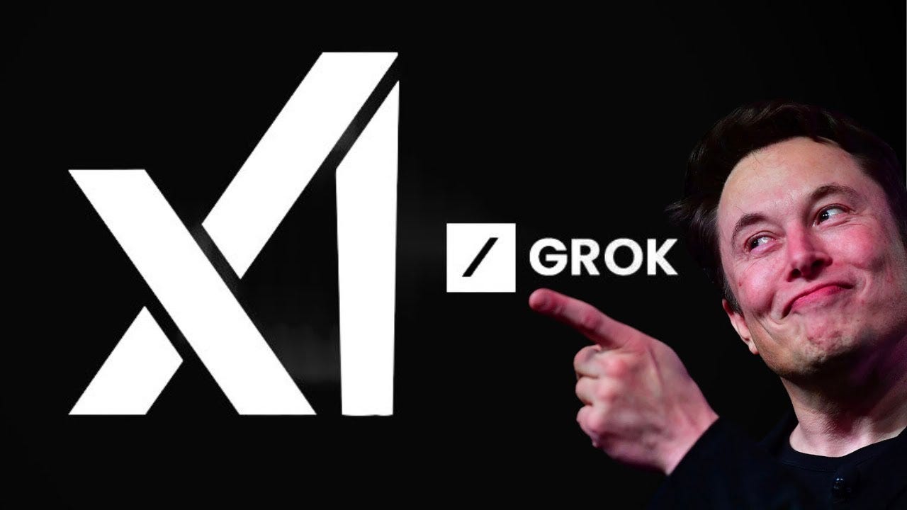 Elon Musk standing beside Grok AI logo in a tech-focused environment