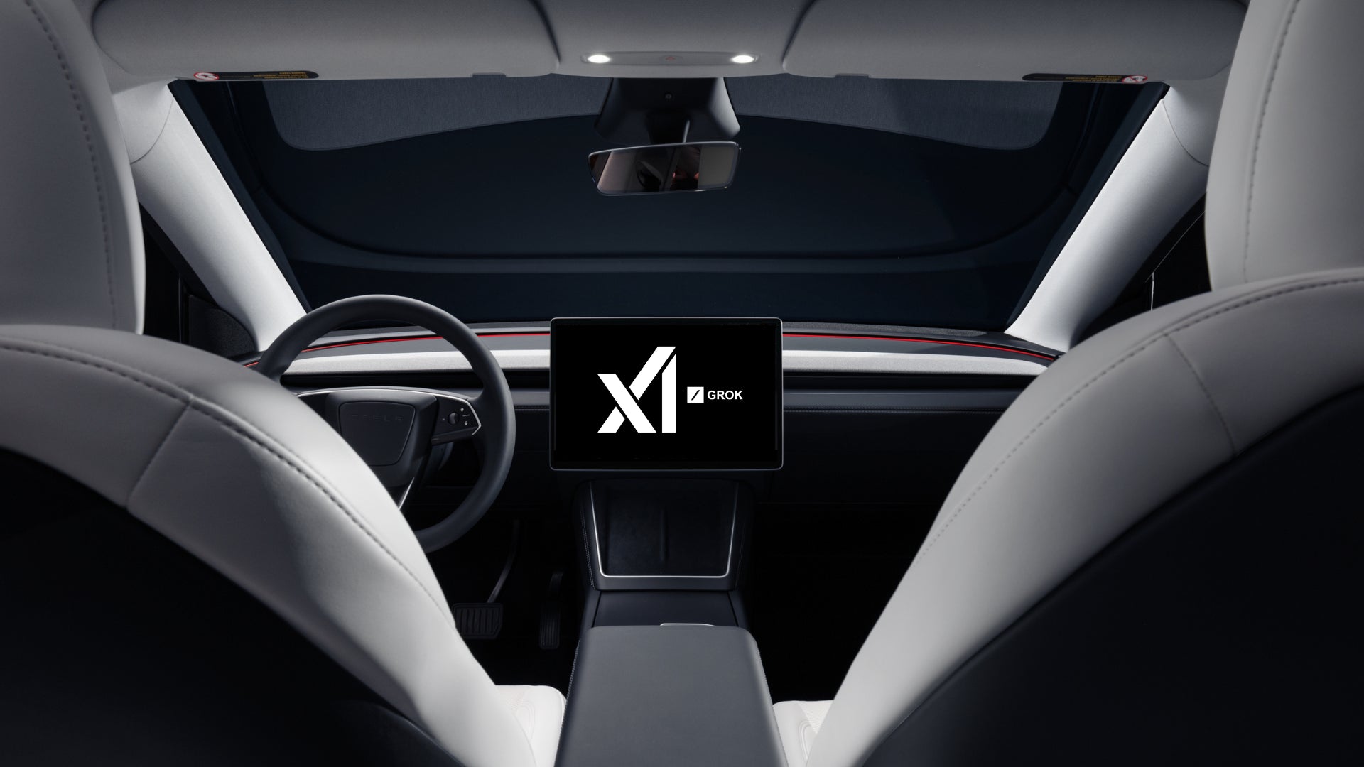 Futuristic Tesla dashboard showcasing Grok AI interface with blue ambient lighting on a highway at night.