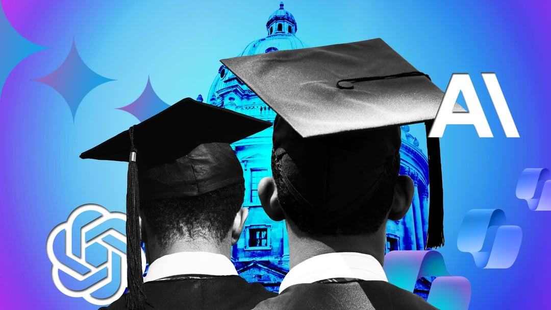 Two students in graduation caps looking at a university dome, symbolizing the integration of AI and chatbots in the classroom.