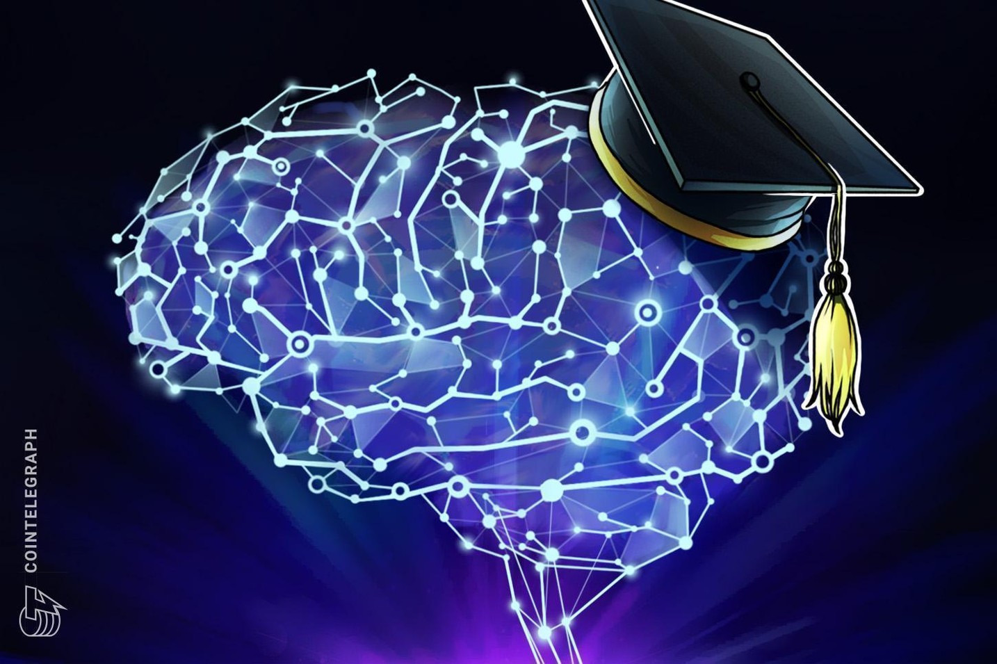 Digital brain wearing graduation cap symbolizing AI and blockchain in education