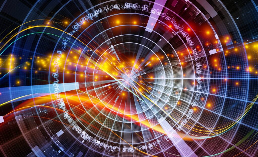 Colorful visualization of quantum internet technology with abstract data waves and space time grid